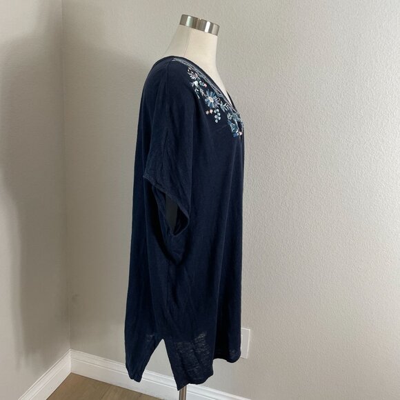J Jill Womens Plus 4X Navy Blue 100% Linen Embroidered Floral Tunic Top V Neck - Picture 3 of 11